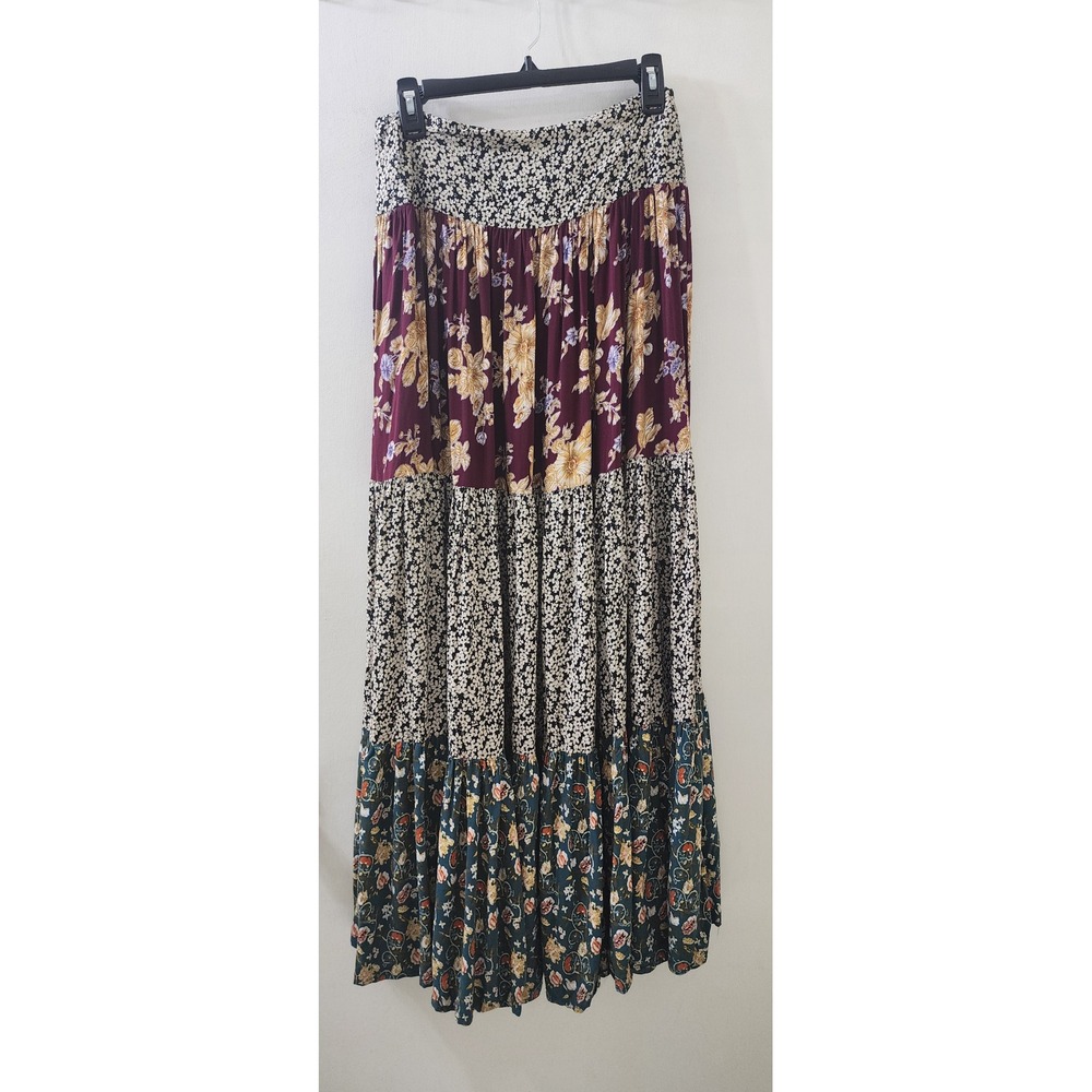 Natural Life Mixed Floral Tiered Maxi Skirt Boho Smocked Rayon Burgundy Medium